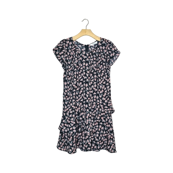 Valleygirl Black & Pink Floral Print Flowy Short Sleeve Mini Dress - Picture 1 of 7